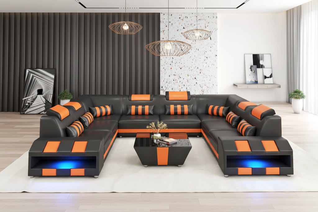Cosmo XL U shape Modern Leather Sectional with Led Light - Luxury Mansion