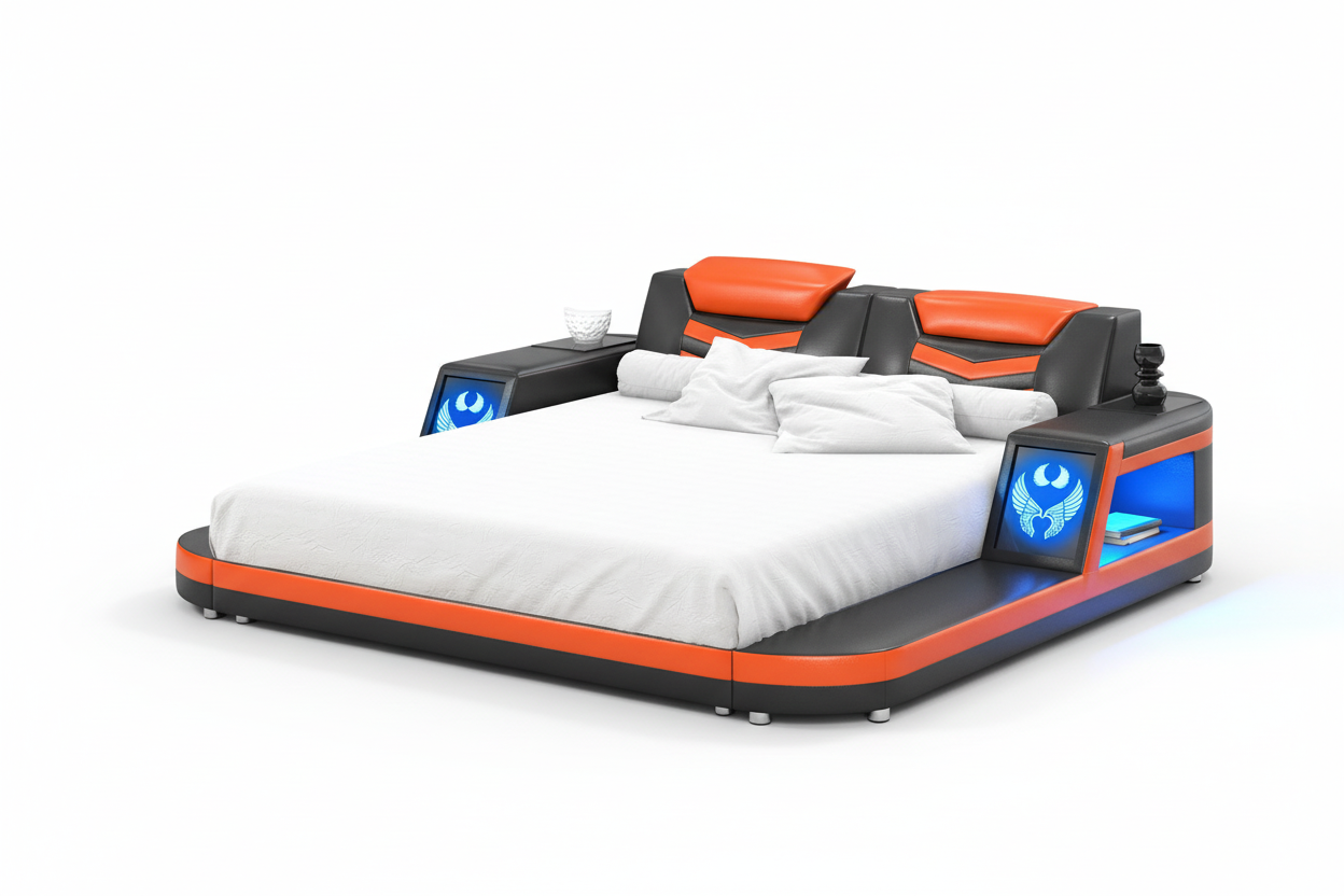 Maeve Modern Leather Bed - 黑色橙色款纯白底