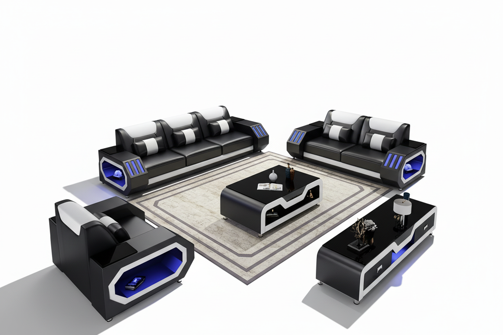 Omont Leather Sofa Set with LED Light - Blank Background 1