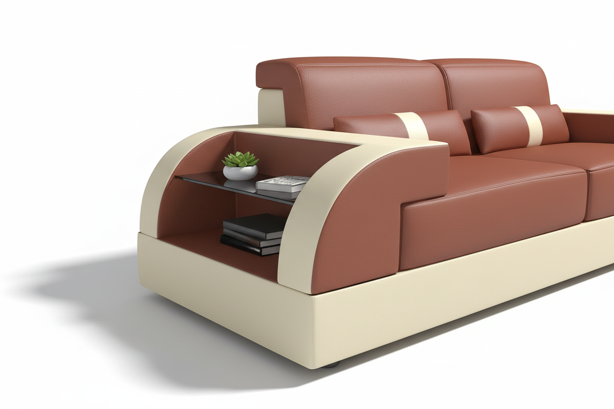 Piliu Leather Sofa Set - Armrest & Storage Opening Detail