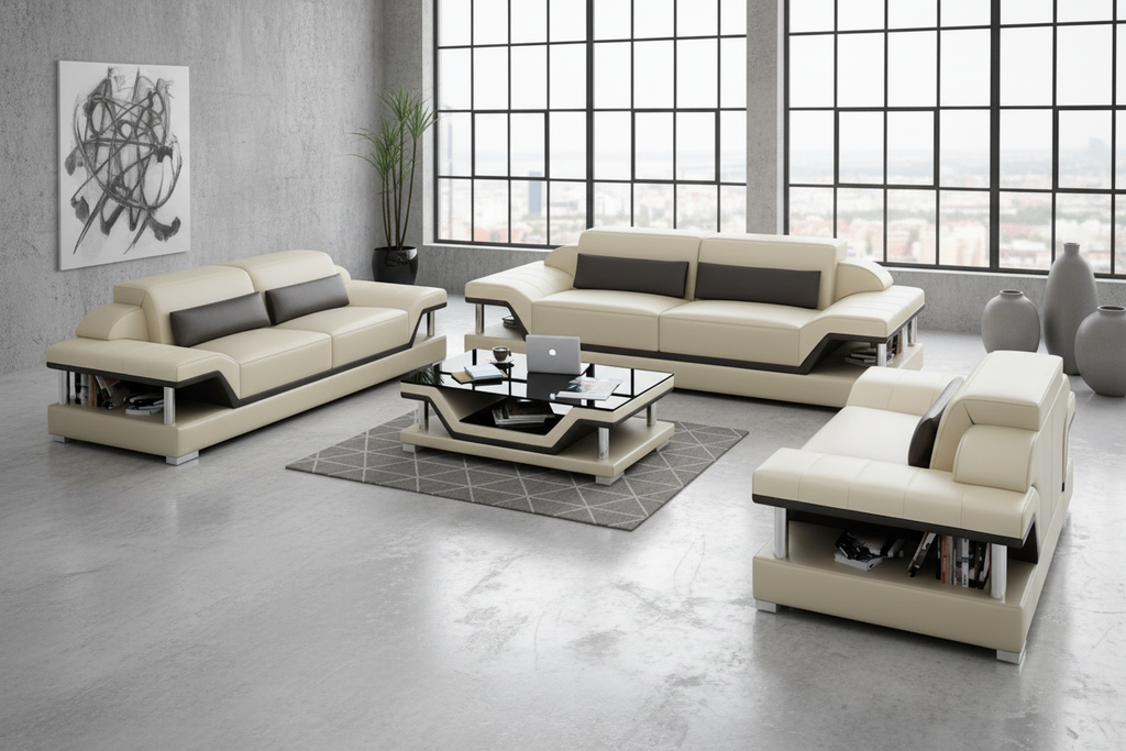 Taliya Leather Sofa Set with Adjustable Headrest - Industrial Loft