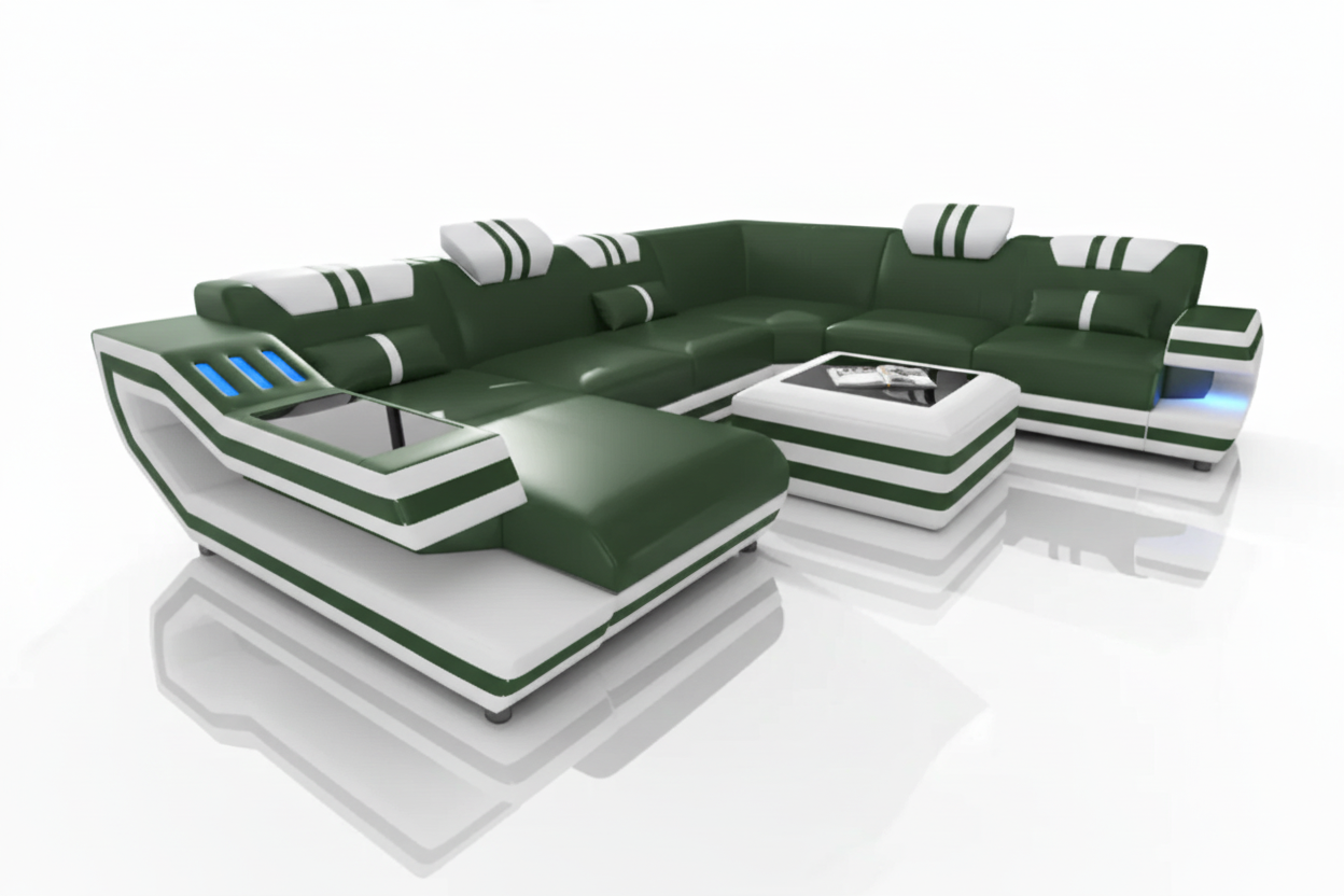 Aura U-Shape Leather Sectional Sofa with LED Light | Modern Designer Couch