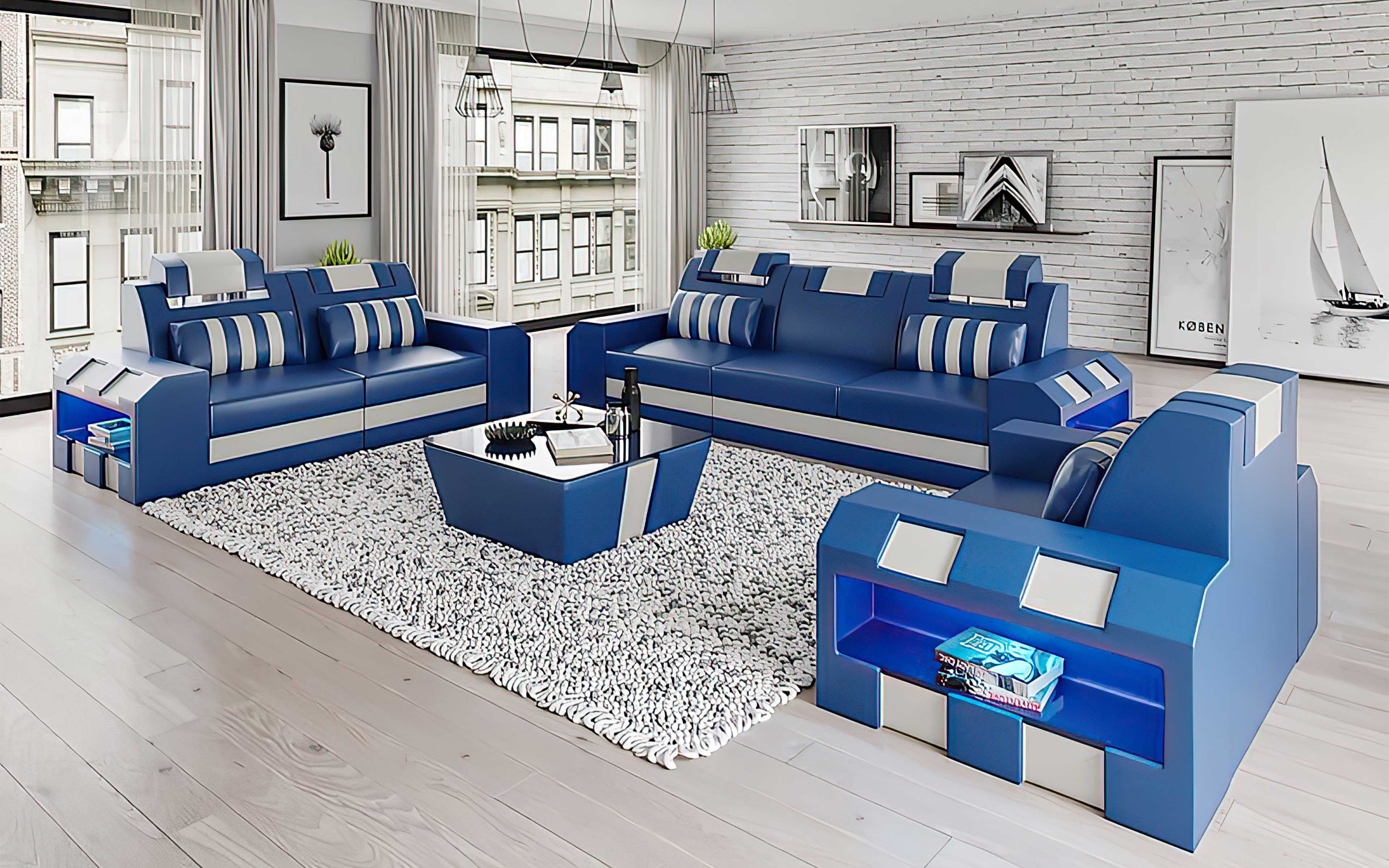 Cosmo LED Leather Sofa Set - Modern 3-Piece Living Room Set with Mood Lighting
